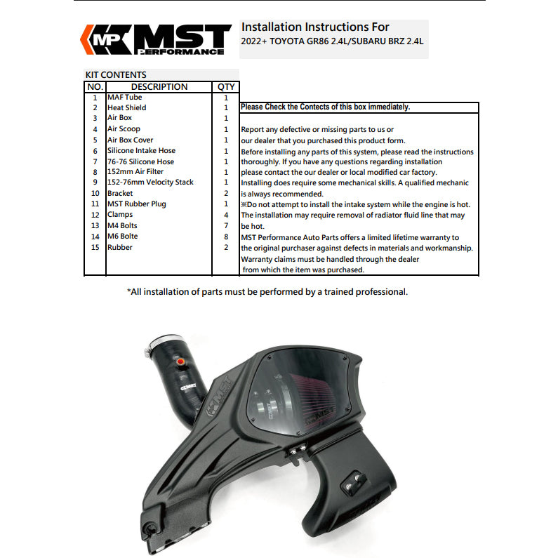 MST Intake 2022+ Toyota GR86/Subaru BRZ 2.4L Cold Air Intake System